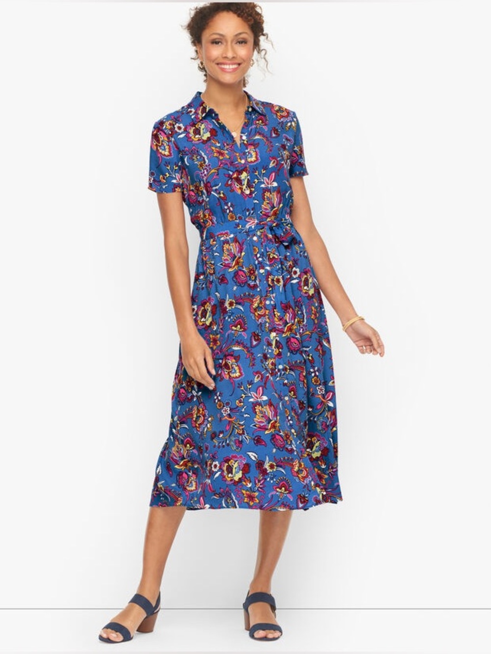 Talbots Button Front Tie Belted Waist Midi Dress Floral Blue Size 16W